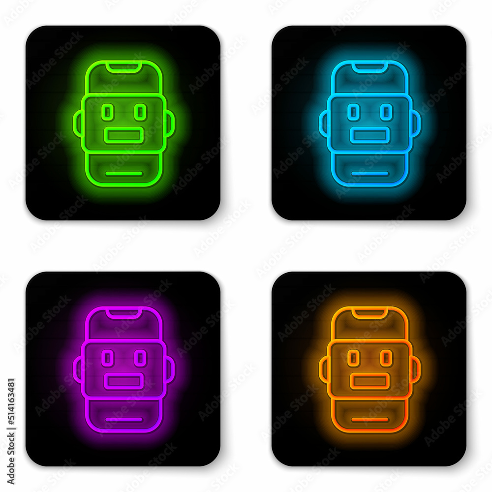 Glowing neon line Chat bot icon isolated on white background. Chatbot icon. Black square button. Vector Glowing neon line Chat bot icon isolated on white background. Chatbot icon. Black square button. Vector