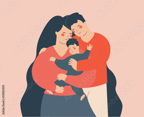 Young couple embrace their child with love. Happy father and mother hug their son or baby with care. Concept of family and childhood, motherhood and fatherhood. Vector illustration
