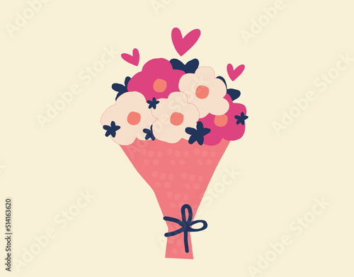 Fresh Bouquet of flowers card. Colorful Peonies wrapped in pink paper. Punch of flowers for special events greeting card or invitation. Holiday floral decor in an isolated background. Vector stock
 photo