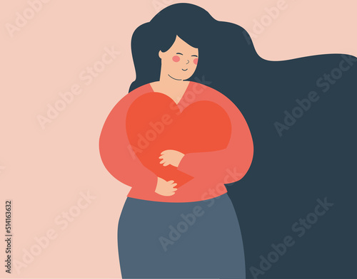 Smiling Woman hugs a big heart with love. Young mother with closed eyes embraces a red heart and enjoys her freedom. Body positive, mother's love, mental health , self acceptance concept. Vector stock