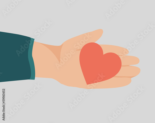 Female hand holds a red heart to celebrate Valentines day. A big human hand entrust his heart to his lover. Concept of love confession and romantic couple. Vector illustration.