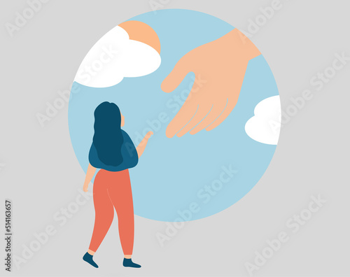 Woman has faith in God and starts a new life. Girl gets a divine helping hand to get rid of depression. Concept of the first step into the future, psychological problems and mental health improvement.