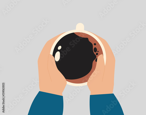 Hands holding a big warm cup of coffee in cold weather seasons. Woman or man holding a big cocoa mug in an isolated background. Concept of winter and autumn cozy, café addicted. Vector illustration
