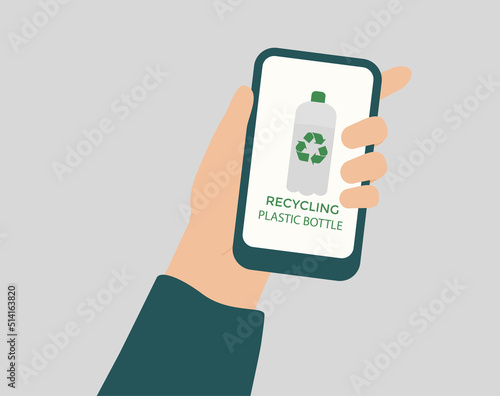 Big hand holds a smartphone with app page of recycling plastic bottles on the mobile screen. Earth day, environment protection, waste recycle management and planet protection concept. Vector stock
