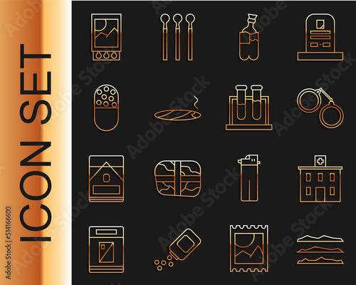 Set line Cocaine or heroin drug, Medical hospital building, Handcuffs, Bong for smoking marijuana, Cigar with smoke, Medicine pill tablet, Open matchbox matches and Test tube flask icon. Vector