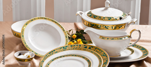 Foto White premium porcelain tableware plates ready for dinner