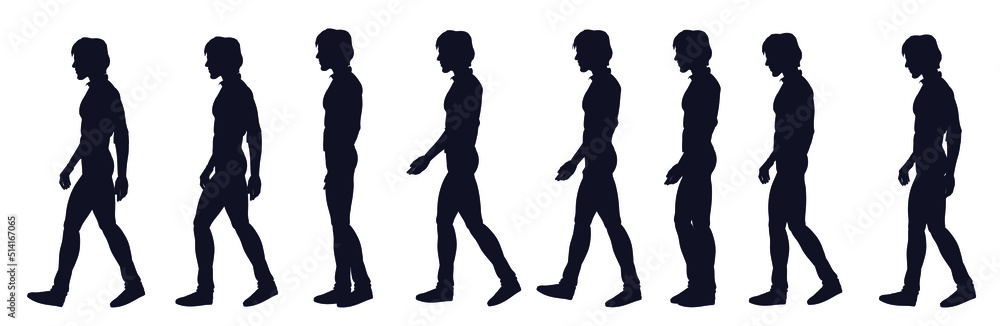 Full animation of a young man walking. Black and white character.