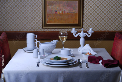 Canvas Print Elegant table setting with luxury china dinnerware