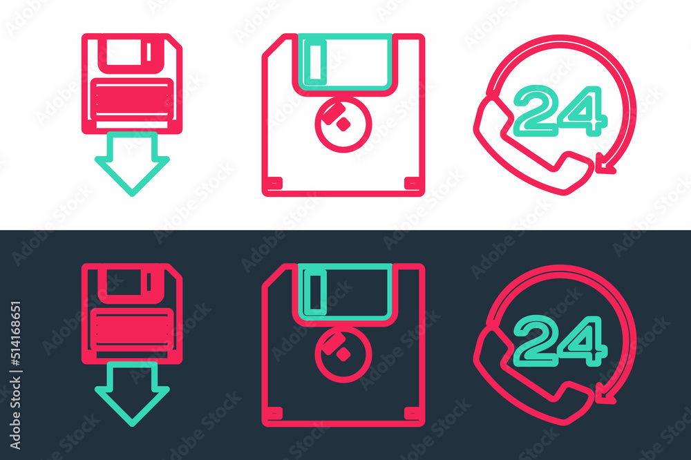 Set line Telephone 24 hours support, Floppy disk backup and icon. Vector