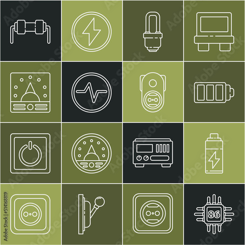 Set line Processor with microcircuits CPU, charge level indicator, LED light bulb, Electric scheme, Ampere meter, multimeter, voltmeter, Resistor electricity and Electrical outlet icon. Vector