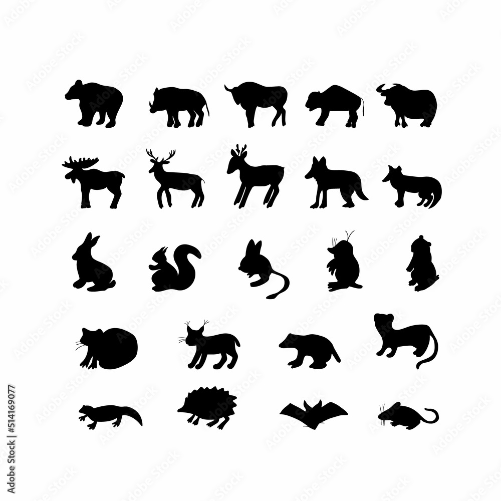 Fototapeta premium Vector set of black silhouettes of wildlife animals.