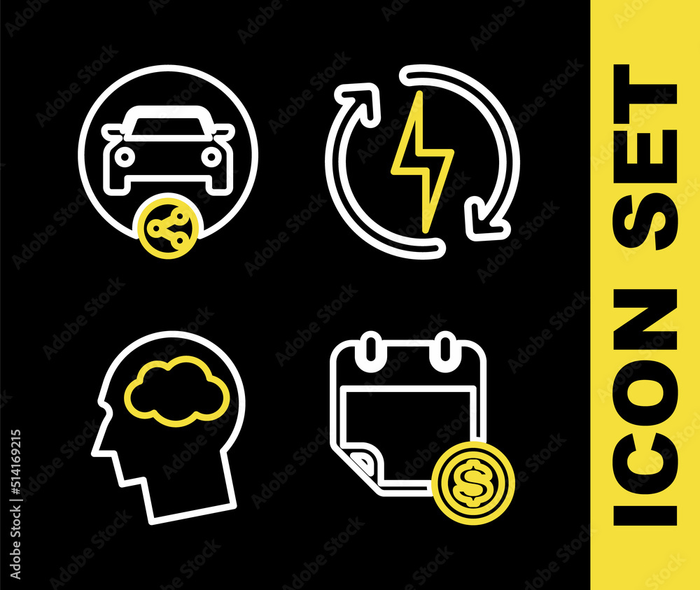Set line Recharging, Financial calendar, Head silhouette with cloud and Car sharing icon. Vector Set line Recharging, Financial calendar, Head silhouette with cloud and Car sharing icon. Vector
