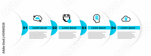 Set line Music streaming service, Head with low battery, Financial calendar and Methane emissions reduction icon. Vector