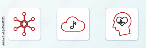 Set line Head with heartbeat, Network and Music streaming service icon. Vector