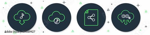 Set line Music streaming service, Share file, Cloud download music and CO2 emissions cloud icon. Vector
