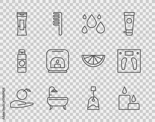 Set line Apple in hand, Burning candle, Water drop, Bathtub, Bottle of shampoo, Aroma lamp, Tea bag and Bathroom scales icon. Vector