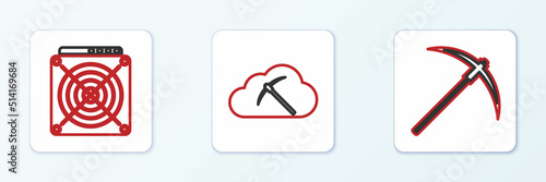 Set line Pickaxe, ASIC Miner and Cryptocurrency cloud mining icon. Vector