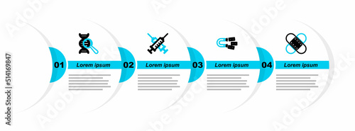 Set line Crossed bandage plaster, Magnet with money, syringe and DNA research, search icon. Vector