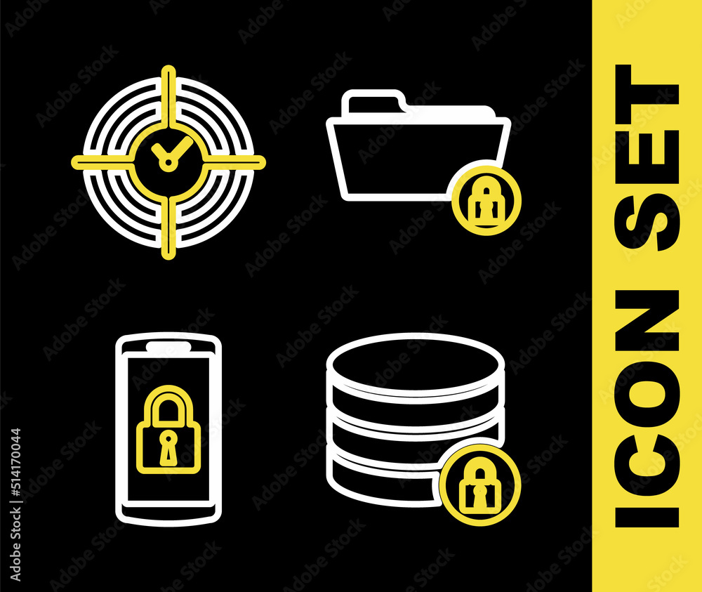 Set line Folder and lock, Server security with, Smartphone and Time Management icon. Vector Set line Folder and lock, Server security with, Smartphone and Time Management icon. Vector