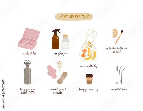 Set of zero waste tips. Recycle and reusable products with lettering. Hand-drawn ecological lifestyle flat vector illustration isolated on white.