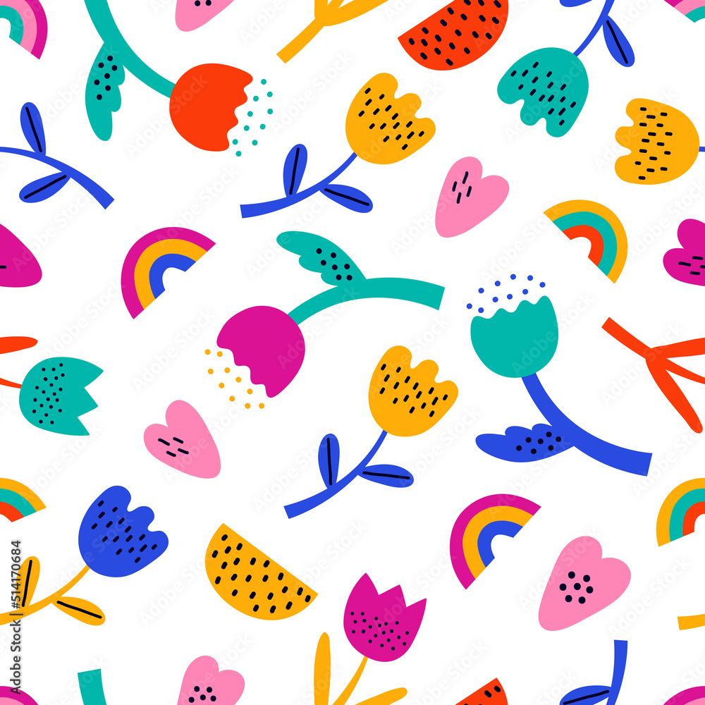 Colorful abstract floral vector seamless pattern. Bright summer flowers, rainbow, heart. Flat cartoon background in scandinavian style, simple random shapes in bright childish colors.