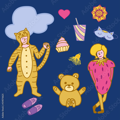 Doodle style elements for Slumber party on dark blue background.
