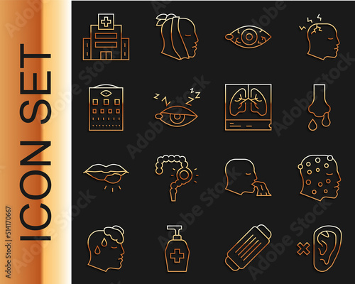 Set line Deaf, Psoriasis or eczema rash, Runny nose, Reddish eye, Insomnia, Eye test chart, Medical hospital building and Lungs x-ray icon. Vector