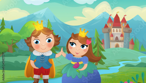 Cartoon castle and prince with princess illustration