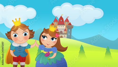 Cartoon castle and prince with princess illustration