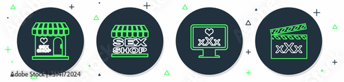 Set line Sex shop building, Monitor with 18 plus content, and Movie clapper icon. Vector