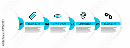 Set line Sexy fluffy handcuffs, Location with heart, Leather fetish collar and Condom safe sex icon. Vector