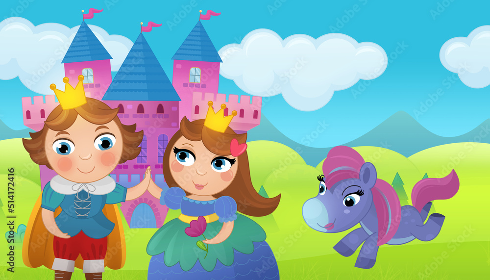 Obraz premium Cartoon castle and prince with princess illustration