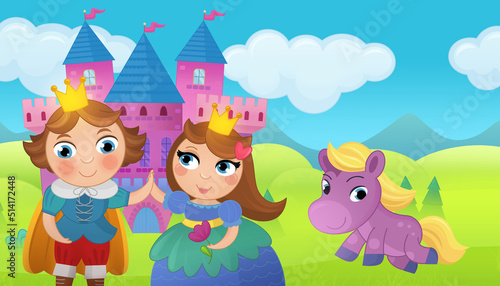 Cartoon castle and prince with princess illustration