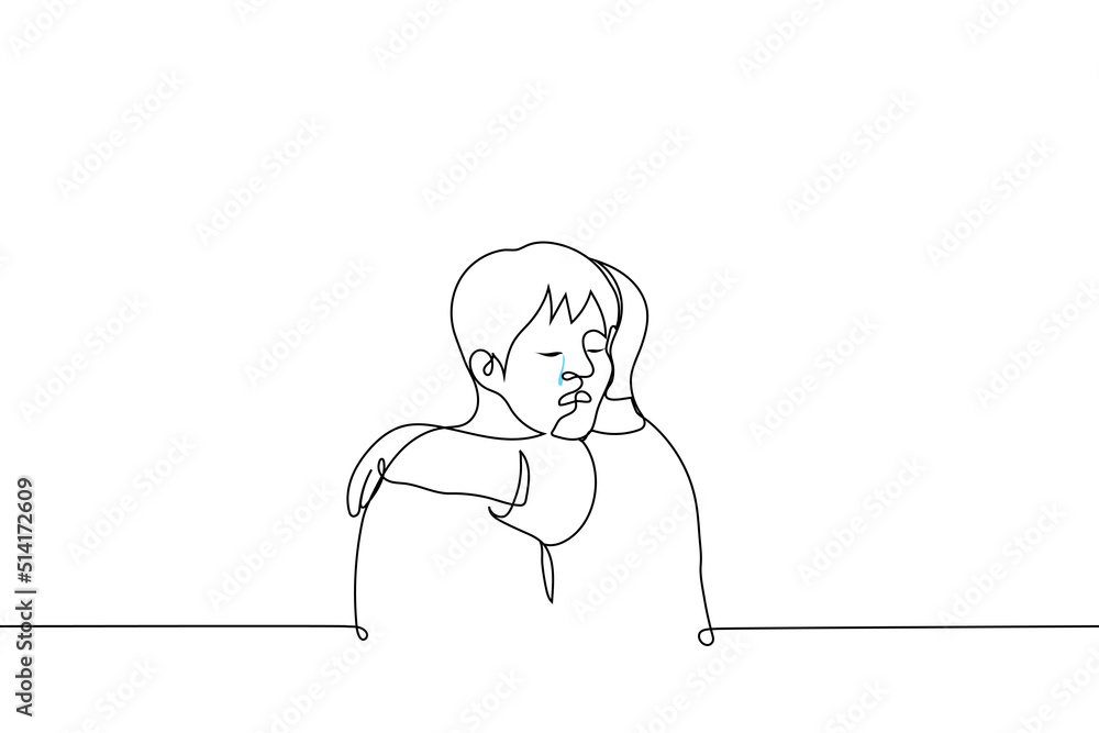 someone comforts a crying man - one line drawing vector. concept touching consoling hug, comfort, soothe someone someone comforts a crying man - one line drawing vector. concept touching consoling hug, comfort, soothe someone