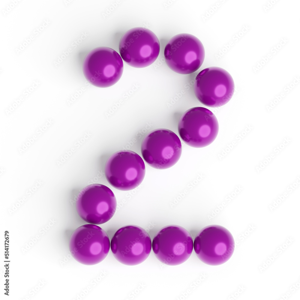 Fototapeta premium Number 2 from balls. Font from shiny purple balls. White background. Bright festive font.