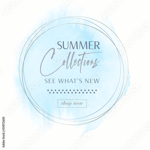 Summer Collections Sale sign over art subtle aqua blue watercolor background vector illustration. 
