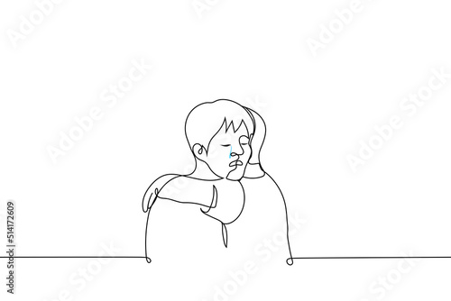 someone comforts a crying man - one line drawing vector. concept touching consoling hug, comfort, soothe someone