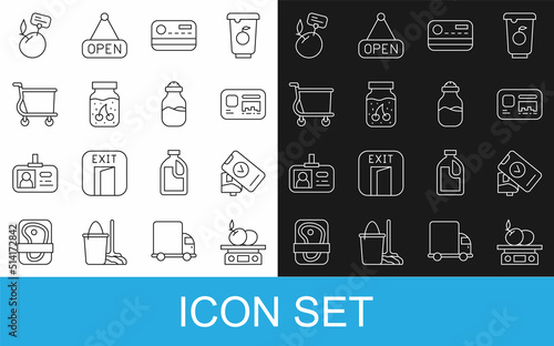 Set line Electronic scales for product, POS terminal, Identification badge, Credit card, Jam jar, Shopping cart, Supermarket food products with price label and Spice can icon. Vector
