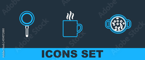 Set line Cooking soup in pot, Frying pan and Coffee cup icon. Vector