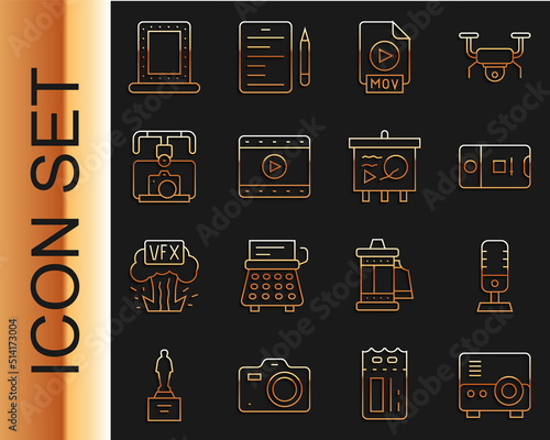 Set line Media projector, Microphone, Photo and video shooting, MOV file document, Play Video, Gimbal stabilizer with camera, Makeup mirror lights and Scenario chalkboard icon. Vector
