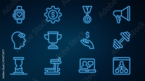 Set line Online education, Dumbbell, Medal, Award cup, Man with third eye, Smart watch, Hand holding coin money and Gear dollar icon. Vector