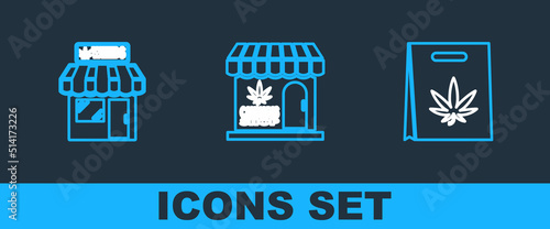 Set line Shopping bag of marijuana, Marijuana and cannabis store and icon. Vector
