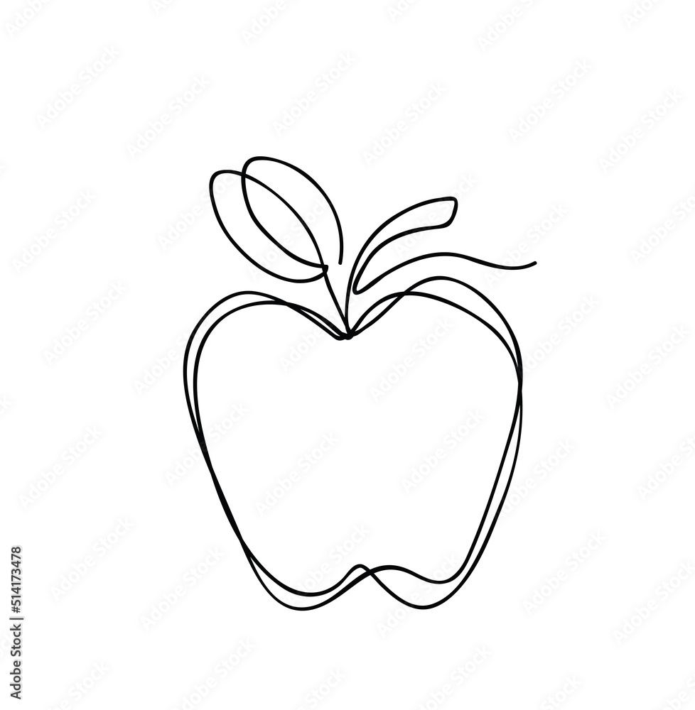 One line apple vector illustration. Minimalist line art apple drawing with leaf. One line apple vector illustration. Minimalist line art apple drawing with leaf.