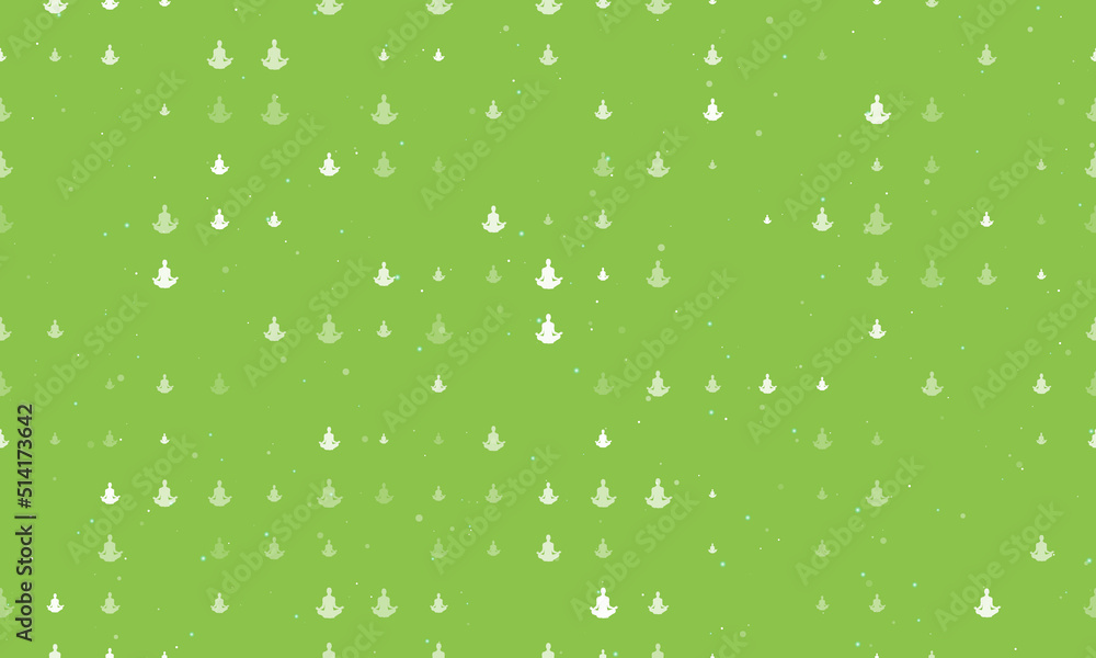 Seamless background pattern of evenly spaced white yoga symbols of different sizes and opacity. Vector illustration on light green background with stars Seamless background pattern of evenly spaced white yoga symbols of different sizes and opacity. Vector illustration on light green background with stars