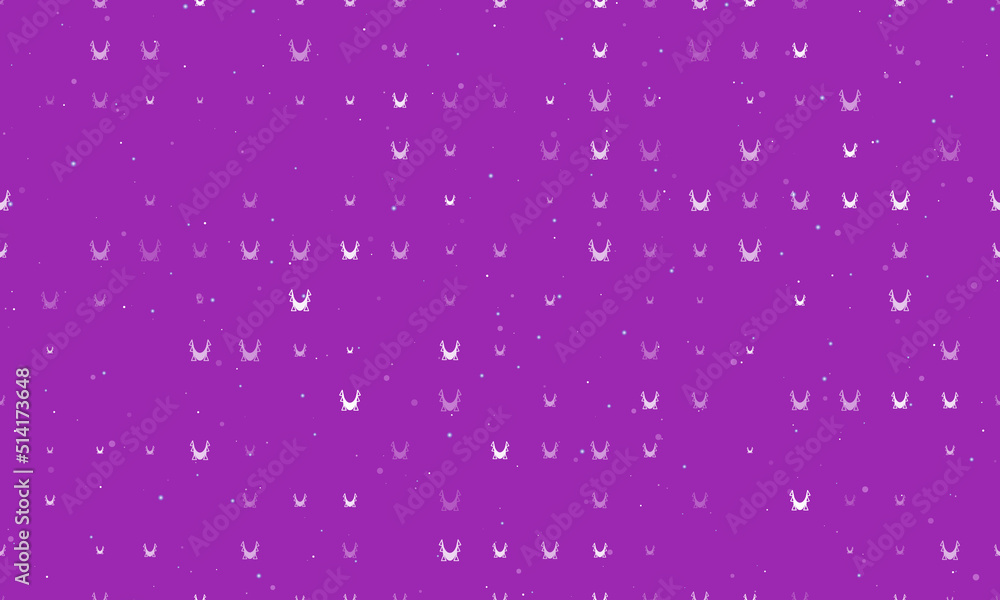 Seamless background pattern of evenly spaced white yoga hammock symbols of different sizes and opacity. Vector illustration on purple background with stars Seamless background pattern of evenly spaced white yoga hammock symbols of different sizes and opacity. Vector illustration on purple background with stars