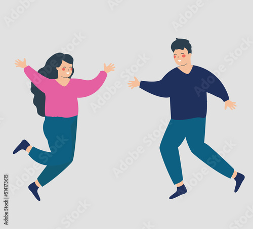 Happy couple jumping with raised hands in an isolated background. Young woman and man running with joy. Concept of success, mental health wellbeing, healthy lifestyle and friendship. Vector stock
