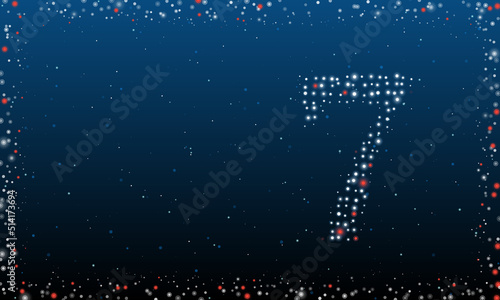 Fototapeta Naklejka Na Ścianę i Meble -  On the right is the number seven symbol filled with white dots. Pointillism style. Abstract futuristic frame of dots and circles. Some dots is red. Vector illustration on blue background with stars