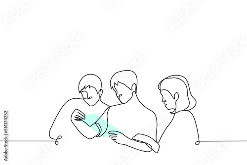family reading a letter - one line drawing vector. concept an applicant with parents reads a letter with a response from a university or institute