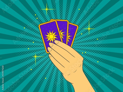 Tarot cards in hand. Pop art vector illustration