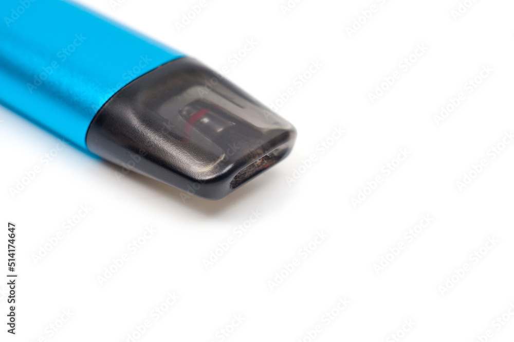 A reusable electronic cigarette with a replaceable cartridge in a blue body, photographed against a white background. A reusable electronic cigarette with a replaceable cartridge in a blue body, photographed against a white background.